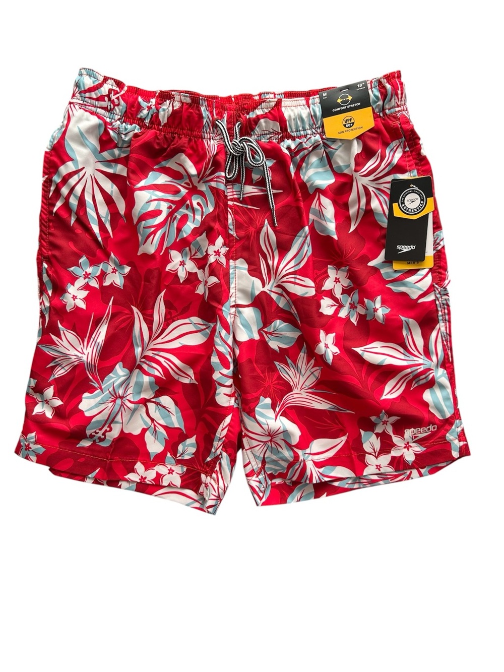 NWT Red Tropical Print Speedo Swim Trunks Drawstring Outseam 18” UPF 50+ Size M